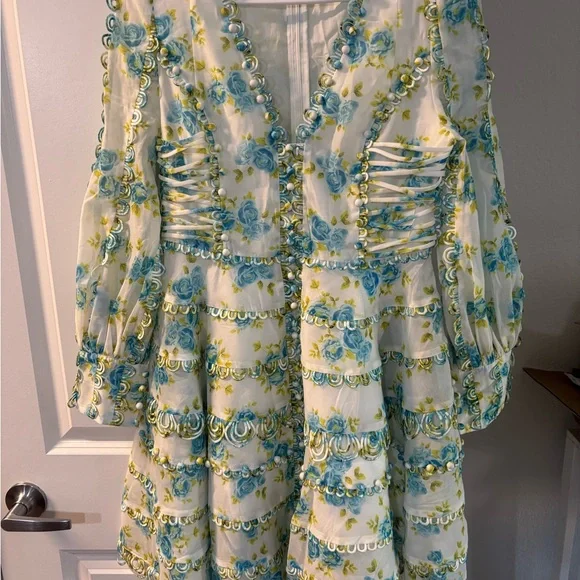 Like a Zimmermann style Blue and Green Floral Long Sleeve Dress - Picture 1 of 3